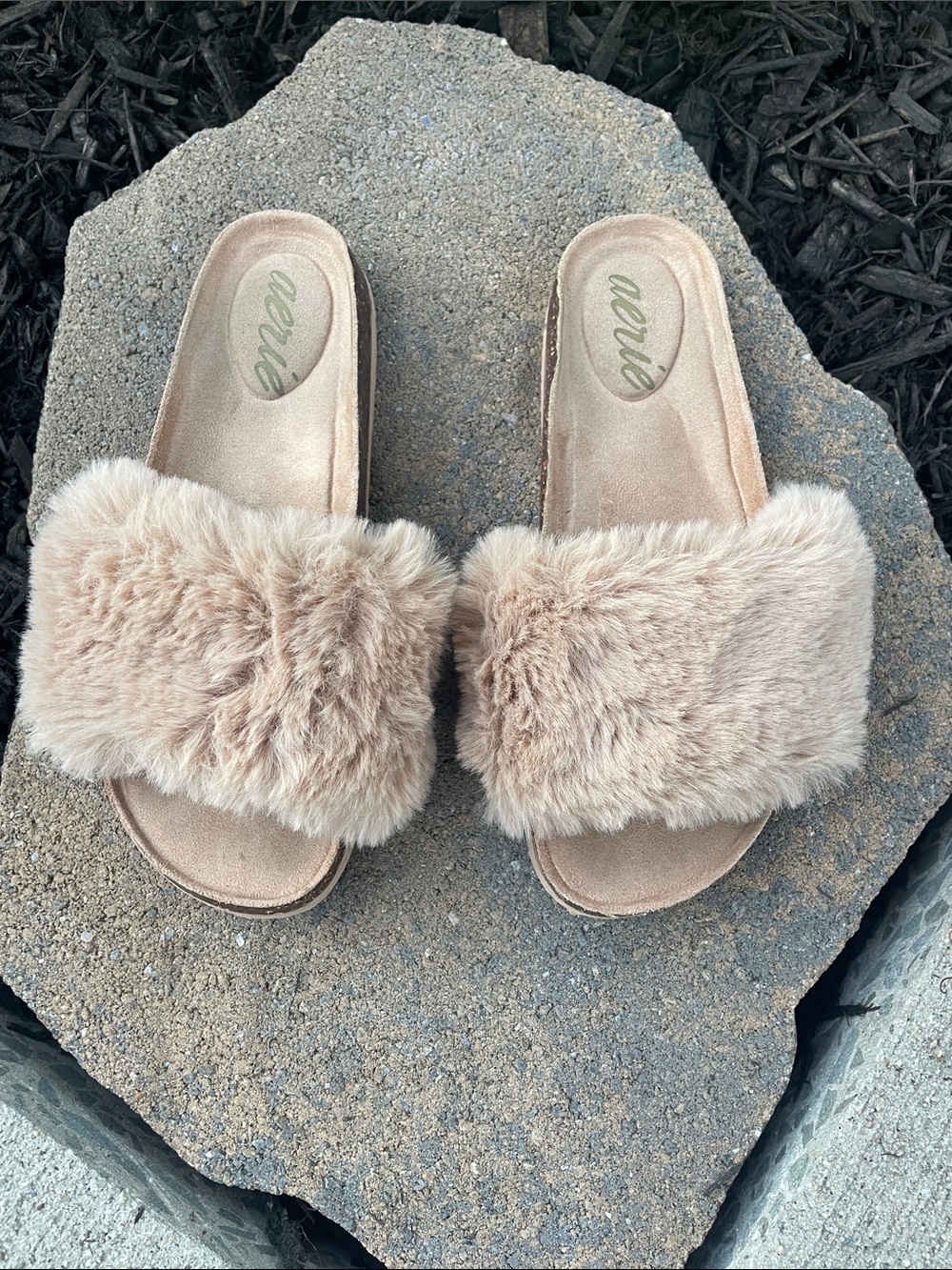 Aerie Beige Faux-Fur Slide Sandals